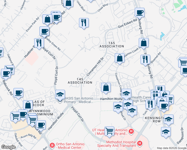 map of restaurants, bars, coffee shops, grocery stores, and more near 8923 Branding Field in San Antonio