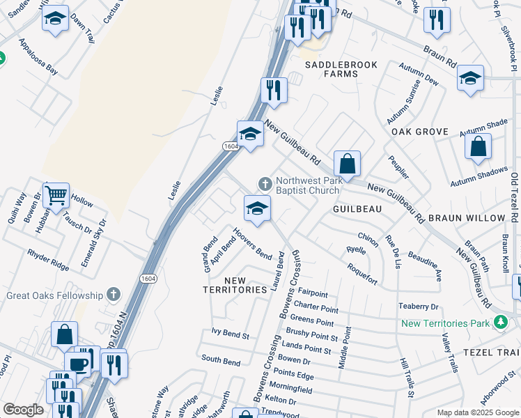 map of restaurants, bars, coffee shops, grocery stores, and more near 8555 Bowens Crossing Street in San Antonio