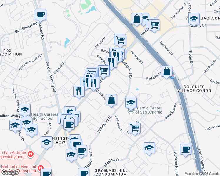 map of restaurants, bars, coffee shops, grocery stores, and more near 4140 Copano Bay in San Antonio