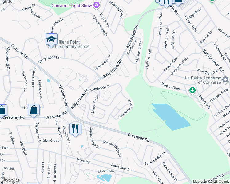 map of restaurants, bars, coffee shops, grocery stores, and more near 189 Sunrise Run Drive in Converse
