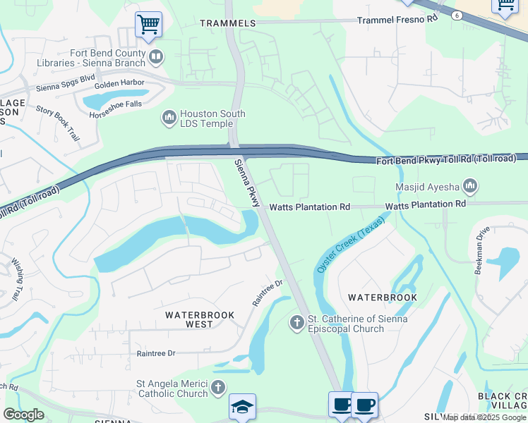 map of restaurants, bars, coffee shops, grocery stores, and more near 5107 Sienna Parkway in Missouri City