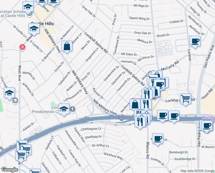 map of restaurants, bars, coffee shops, grocery stores, and more near 208 Glentower Drive in San Antonio