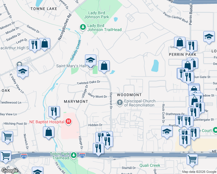 map of restaurants, bars, coffee shops, grocery stores, and more near 9200 Starcrest Drive in San Antonio