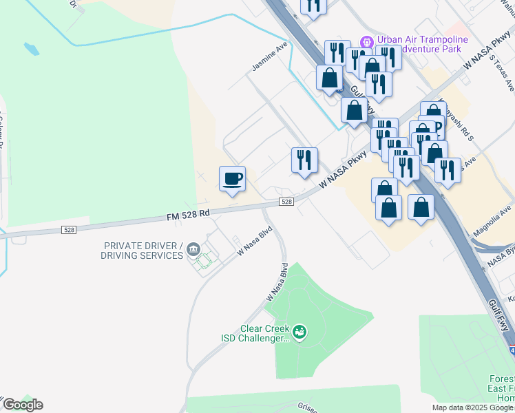 map of restaurants, bars, coffee shops, grocery stores, and more near 1615 FM 528 Road in Webster
