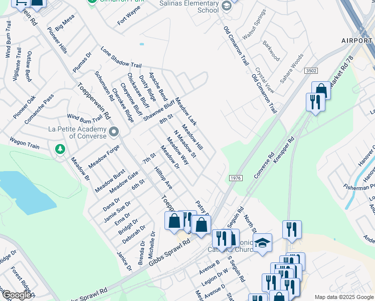 map of restaurants, bars, coffee shops, grocery stores, and more near 116 North Meadow Street in Converse