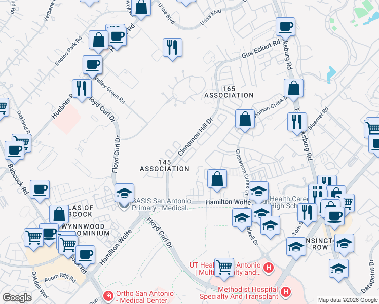 map of restaurants, bars, coffee shops, grocery stores, and more near 8923 Branding Field in San Antonio