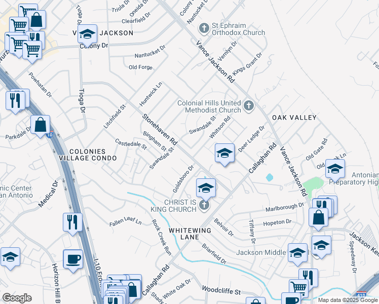map of restaurants, bars, coffee shops, grocery stores, and more near 9101 Serene Creek Drive in San Antonio