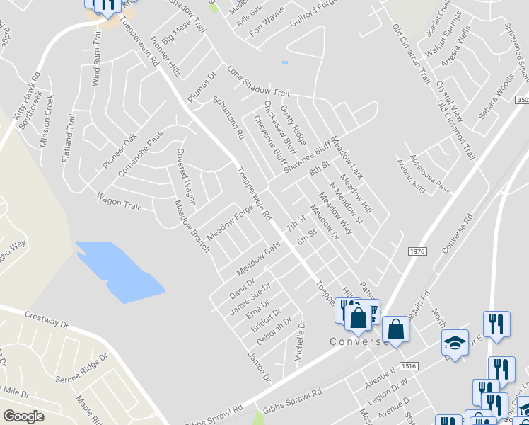 map of restaurants, bars, coffee shops, grocery stores, and more near 817 Toepperwein Road in Converse