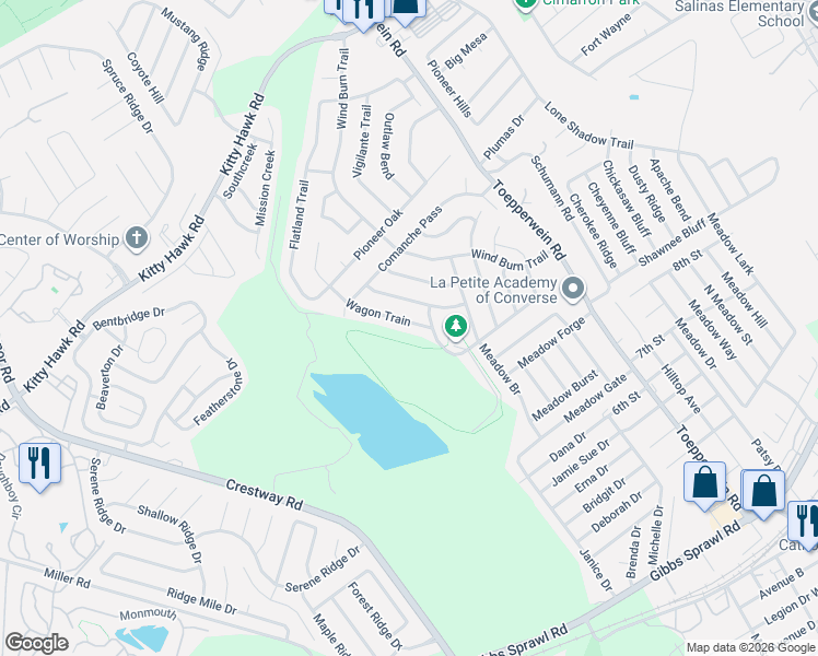 map of restaurants, bars, coffee shops, grocery stores, and more near 9723 Wagon Train in Converse