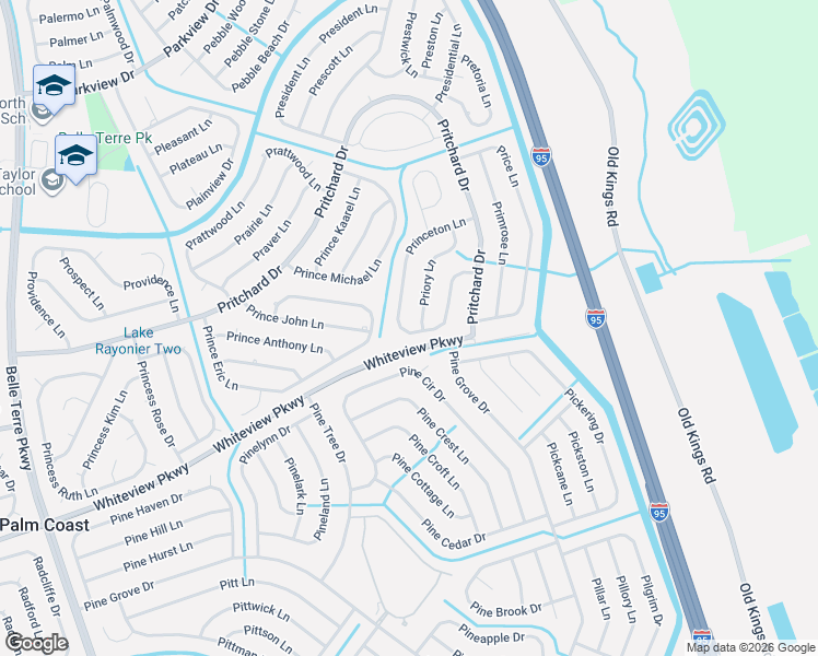 map of restaurants, bars, coffee shops, grocery stores, and more near 52 Princeton Lane in Palm Coast