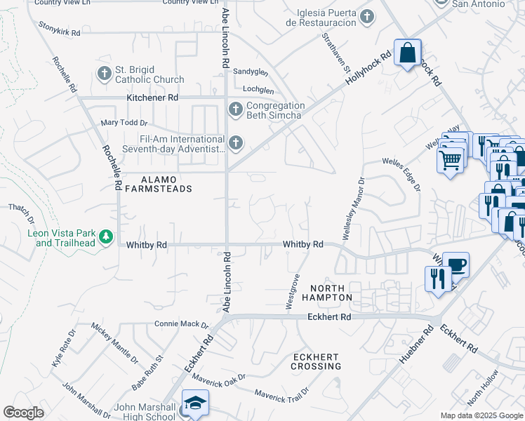 map of restaurants, bars, coffee shops, grocery stores, and more near 6487 Whitby Road in San Antonio