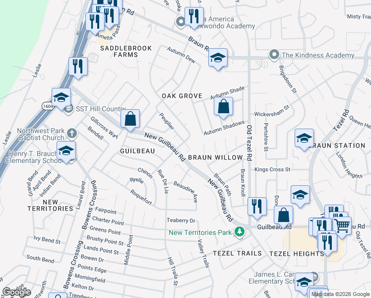 map of restaurants, bars, coffee shops, grocery stores, and more near 9403 Arbois in San Antonio
