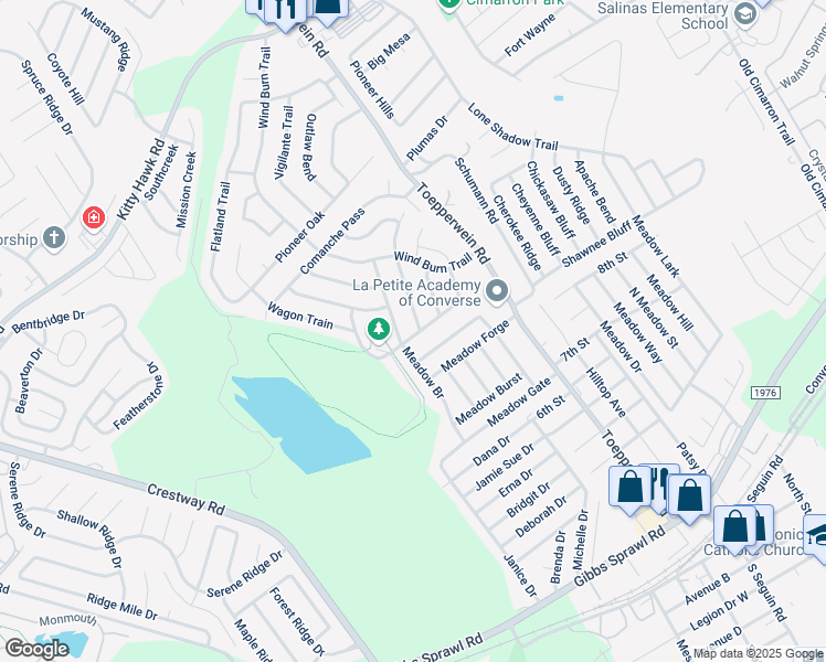 map of restaurants, bars, coffee shops, grocery stores, and more near 8214 Spring Town Street in Converse