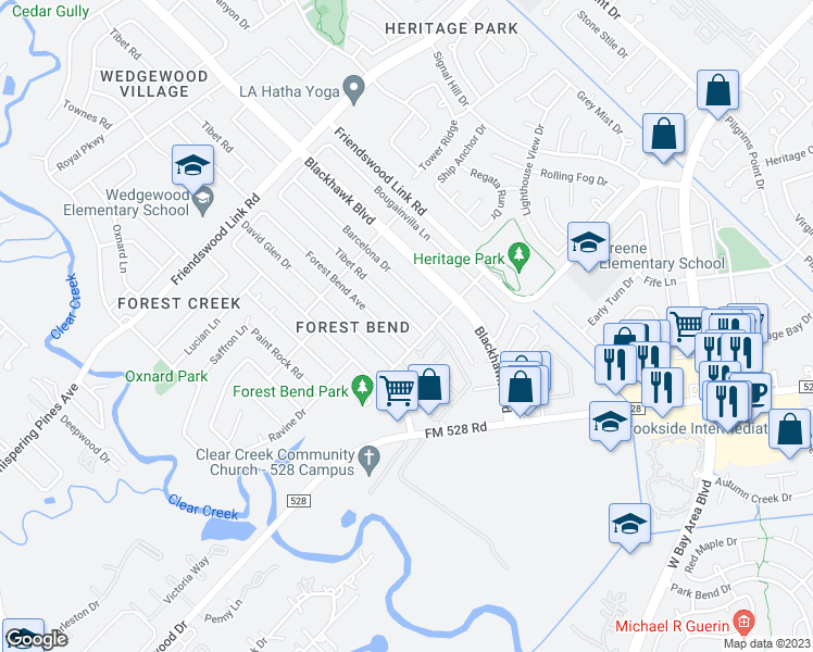 map of restaurants, bars, coffee shops, grocery stores, and more near 17010 Tibet Road in Friendswood