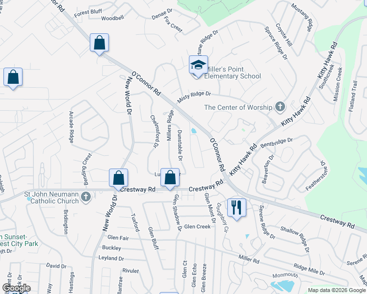 map of restaurants, bars, coffee shops, grocery stores, and more near 9531 Dunstable Drive in San Antonio