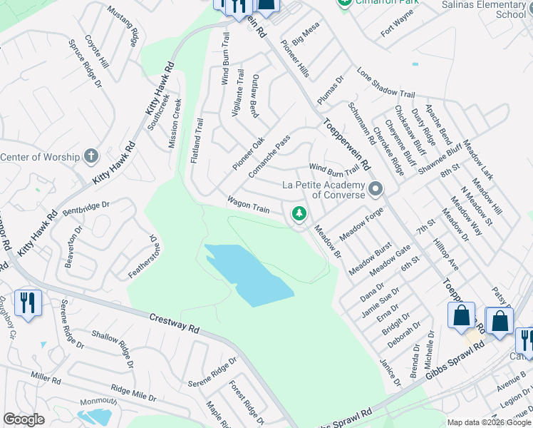 map of restaurants, bars, coffee shops, grocery stores, and more near 9723 Wagon Train in Converse