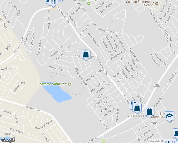 map of restaurants, bars, coffee shops, grocery stores, and more near 701 Meadow Top Drive in Converse