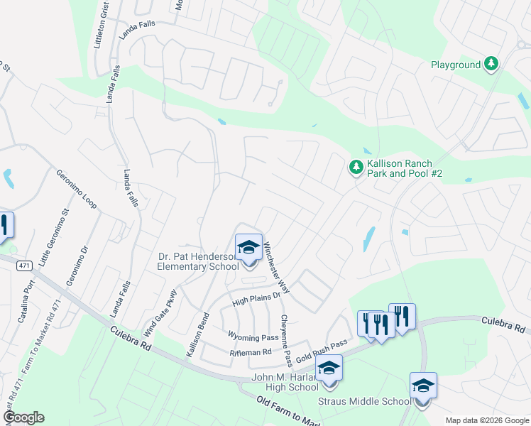 map of restaurants, bars, coffee shops, grocery stores, and more near 14526 Bucking Trail in San Antonio