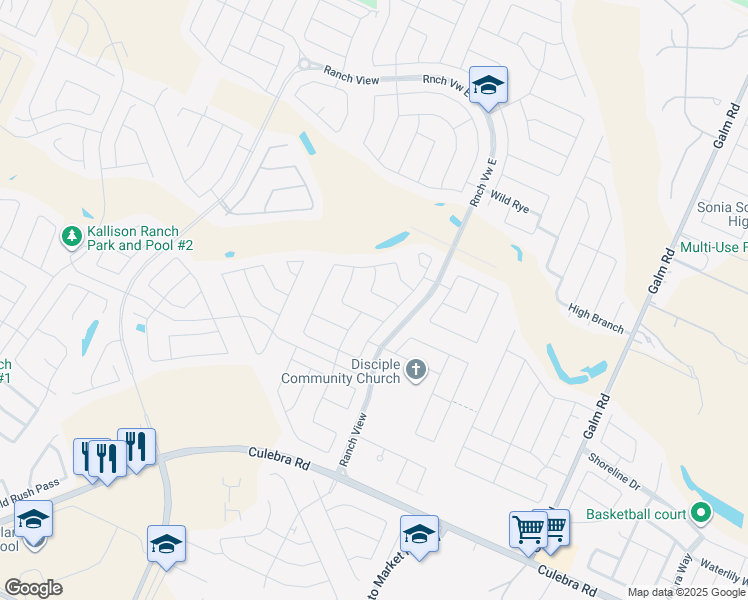 map of restaurants, bars, coffee shops, grocery stores, and more near 13727 Granbury Field in San Antonio