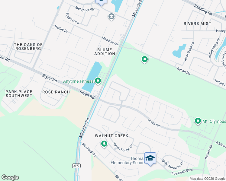 map of restaurants, bars, coffee shops, grocery stores, and more near 1707 Martin Spring Lane in Rosenberg