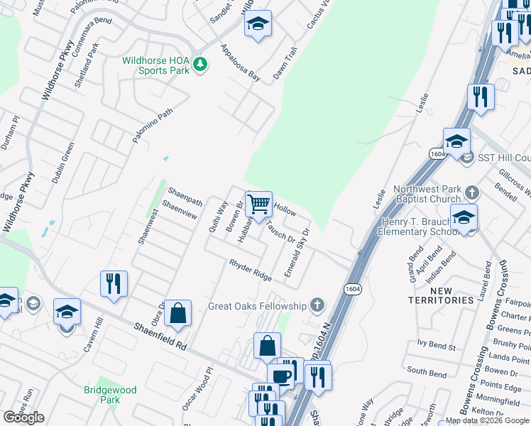 map of restaurants, bars, coffee shops, grocery stores, and more near 8927 Dusty Run Lane in San Antonio