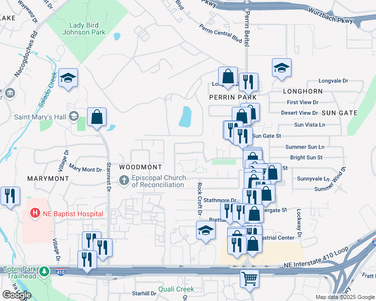 map of restaurants, bars, coffee shops, grocery stores, and more near 4010 Mooresfield Street in San Antonio