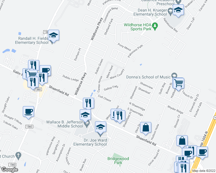 map of restaurants, bars, coffee shops, grocery stores, and more near 10903 Gallop Falls in San Antonio