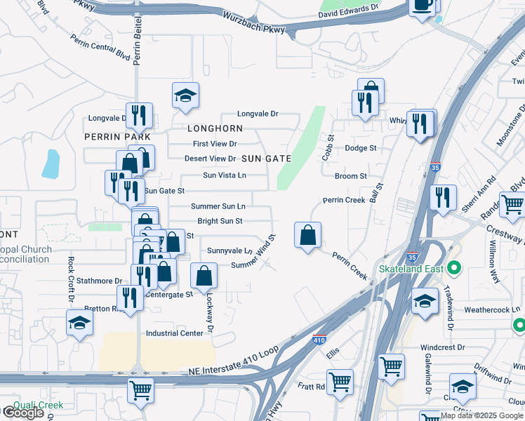 map of restaurants, bars, coffee shops, grocery stores, and more near 4461 Bright Sun Street in San Antonio