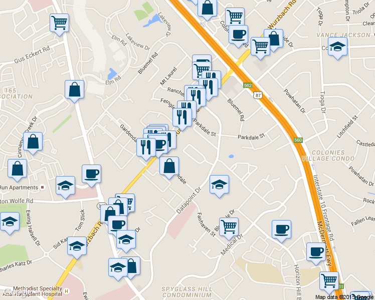 map of restaurants, bars, coffee shops, grocery stores, and more near 4140 Copano Bay in San Antonio