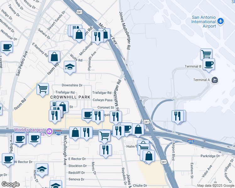 map of restaurants, bars, coffee shops, grocery stores, and more near 723 Colwyn Pass in San Antonio