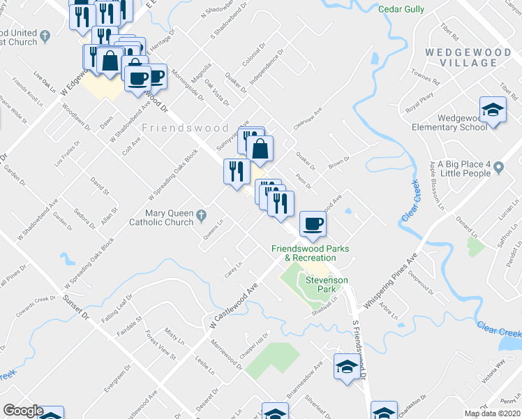 map of restaurants, bars, coffee shops, grocery stores, and more near 710 South Friendswood Drive in Friendswood