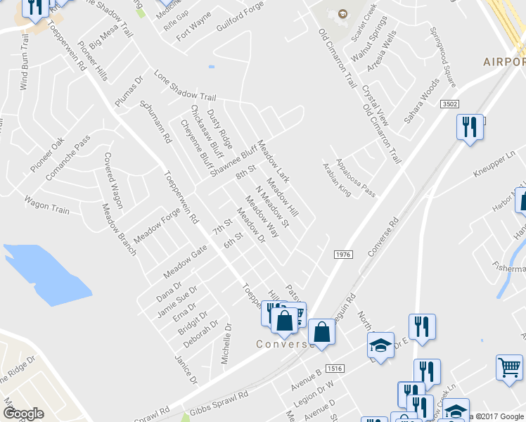 map of restaurants, bars, coffee shops, grocery stores, and more near 132 Meadow Way in Converse