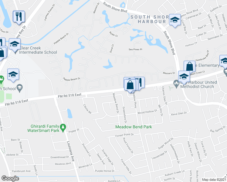 map of restaurants, bars, coffee shops, grocery stores, and more near 2801 Farm to Market Road 518 in League City