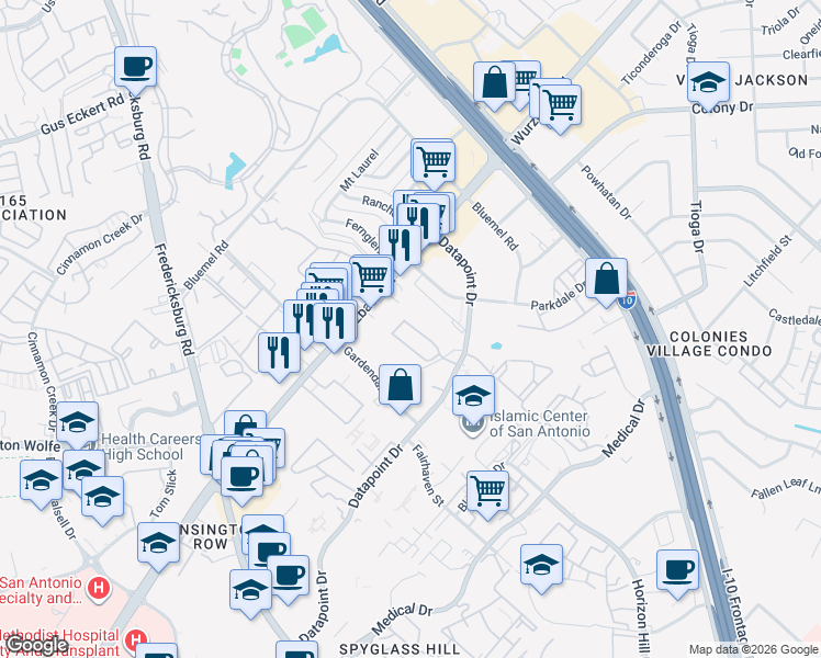 map of restaurants, bars, coffee shops, grocery stores, and more near 4140 Copano Bay in San Antonio