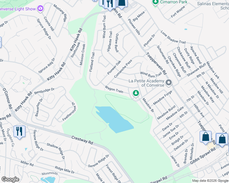 map of restaurants, bars, coffee shops, grocery stores, and more near 9815 Wagon Train in Converse
