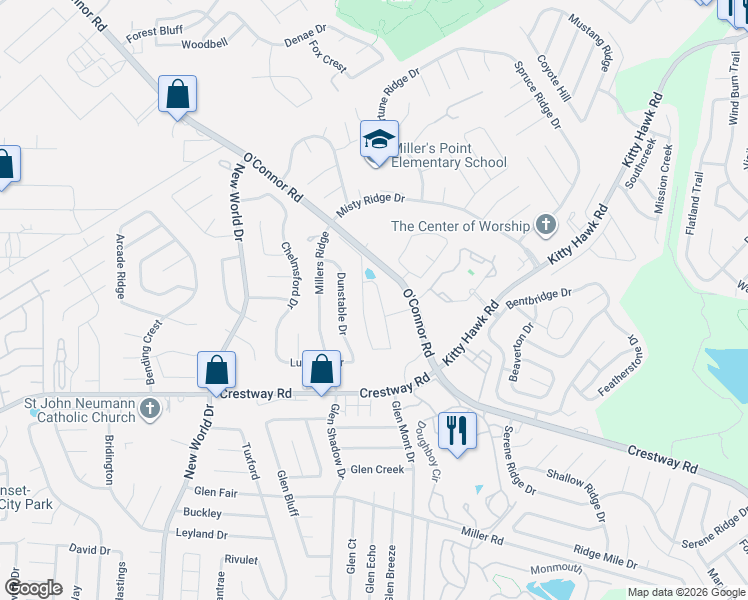 map of restaurants, bars, coffee shops, grocery stores, and more near 9506 Sandy Ridge Way in San Antonio