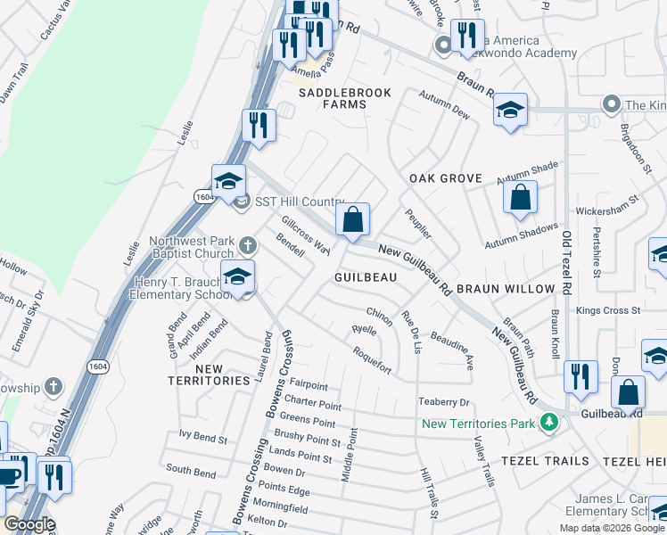 map of restaurants, bars, coffee shops, grocery stores, and more near 9239 Rue De Lis in San Antonio