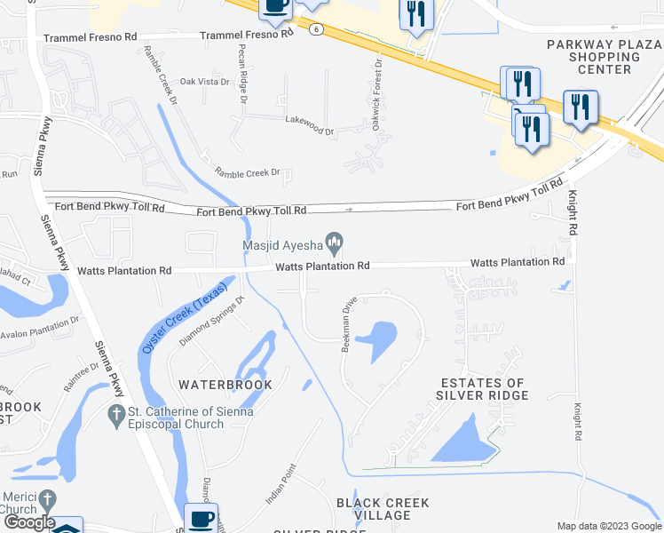 map of restaurants, bars, coffee shops, grocery stores, and more near Watts Plantation Road in Missouri City