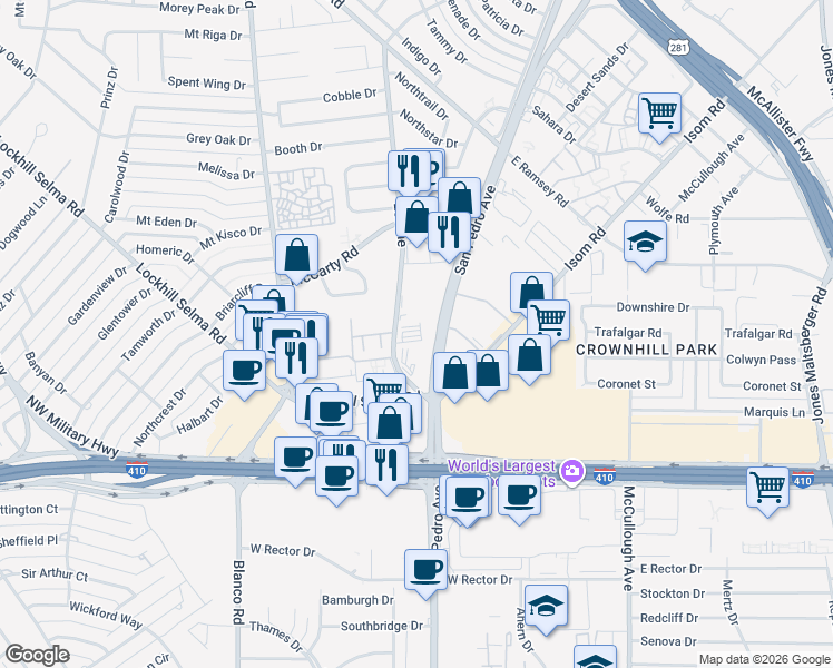 map of restaurants, bars, coffee shops, grocery stores, and more near 9311 San Pedro Avenue in San Antonio