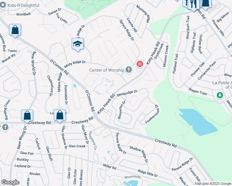 map of restaurants, bars, coffee shops, grocery stores, and more near 43 Bufflehead Drive in San Antonio