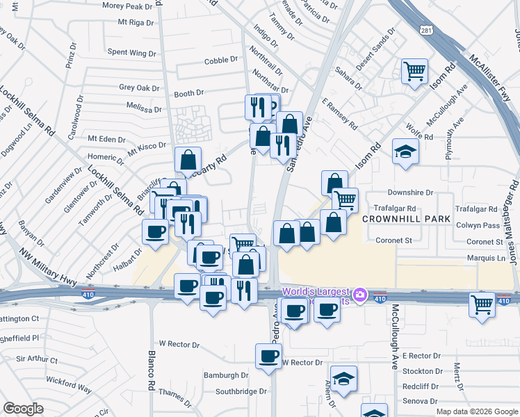 map of restaurants, bars, coffee shops, grocery stores, and more near 9311 San Pedro Avenue in San Antonio