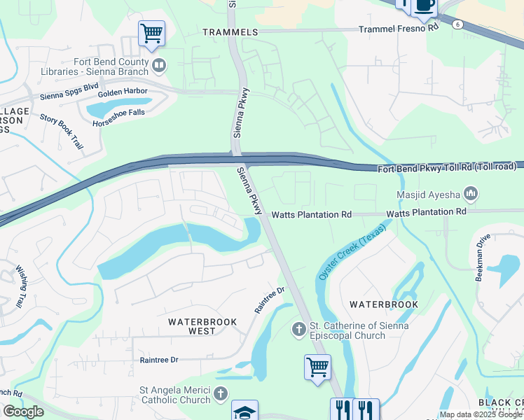 map of restaurants, bars, coffee shops, grocery stores, and more near 5114 Avalon Plantation Drive in Missouri City