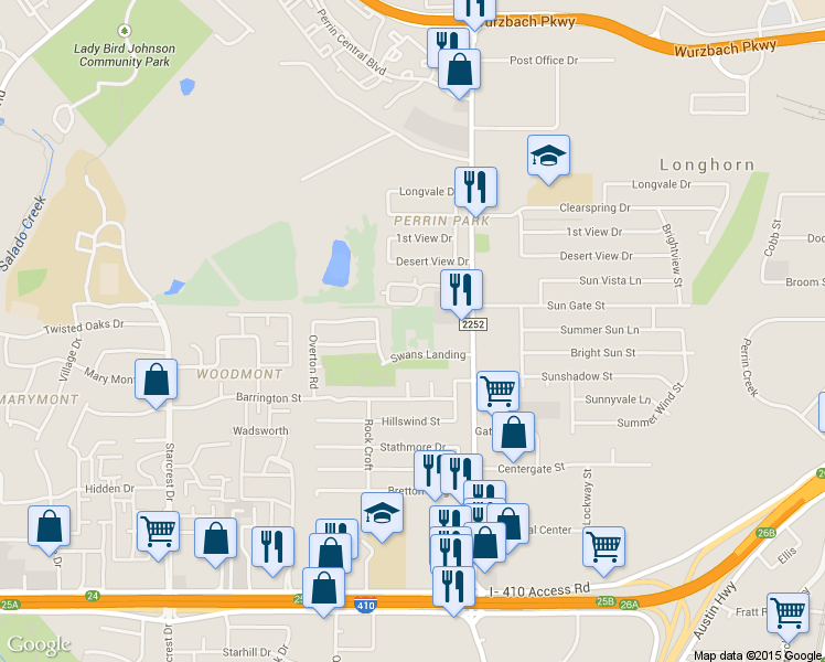 map of restaurants, bars, coffee shops, grocery stores, and more near 4134 Swans Landing in San Antonio