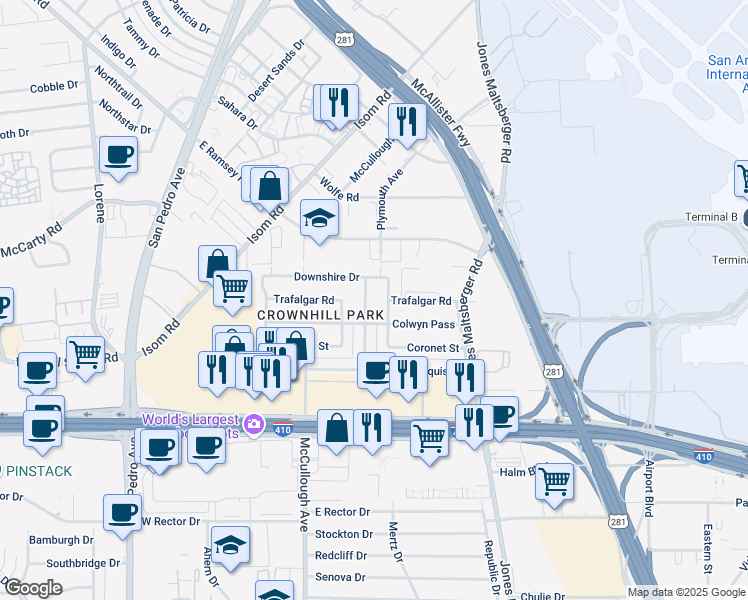 map of restaurants, bars, coffee shops, grocery stores, and more near 9203 Whitehall Street in San Antonio