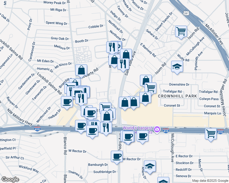 map of restaurants, bars, coffee shops, grocery stores, and more near 9200-9290 Lorene in San Antonio