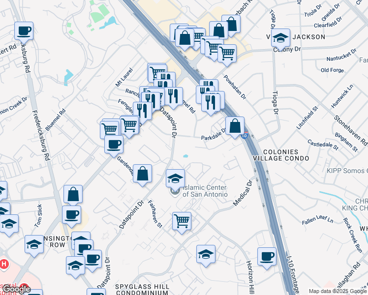 map of restaurants, bars, coffee shops, grocery stores, and more near 9102 Datapoint Drive in San Antonio
