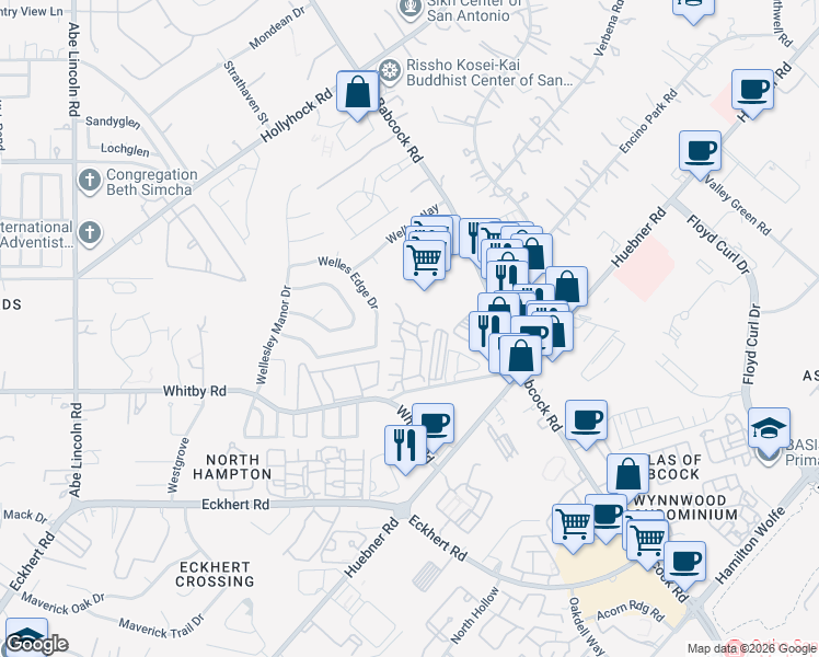 map of restaurants, bars, coffee shops, grocery stores, and more near 6039 Whitby Road in San Antonio