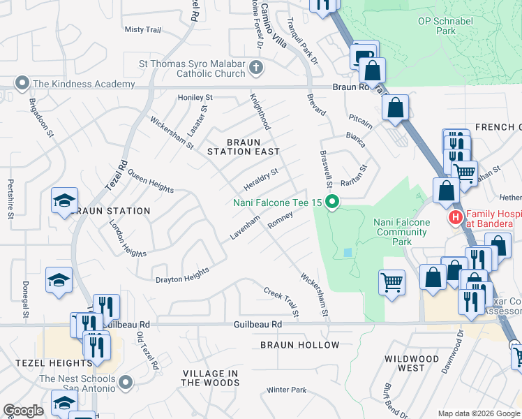 map of restaurants, bars, coffee shops, grocery stores, and more near 8474 Lavenham in San Antonio
