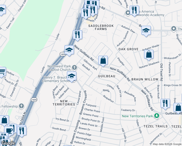 map of restaurants, bars, coffee shops, grocery stores, and more near 8423 Laurel Bend in San Antonio