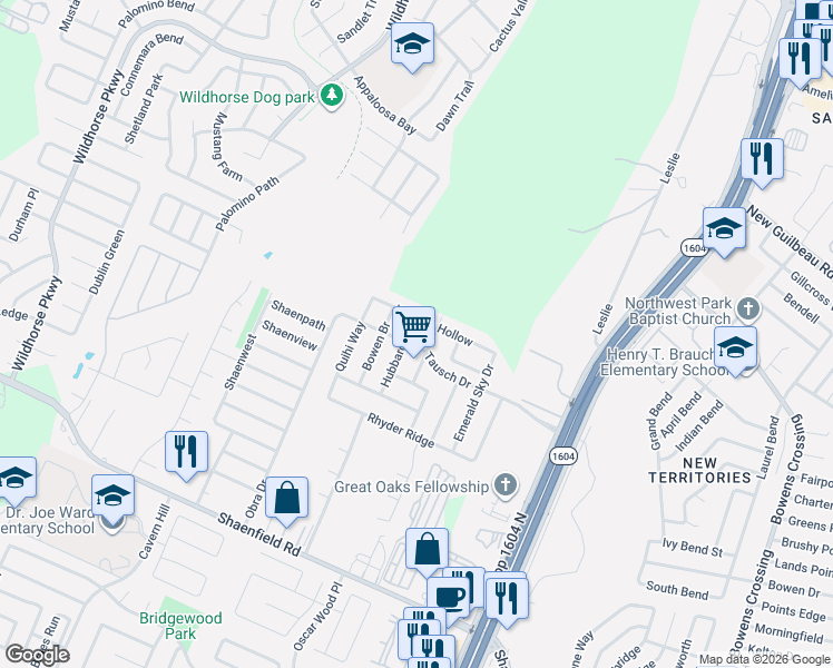 map of restaurants, bars, coffee shops, grocery stores, and more near 8927 Dusty Run Lane in San Antonio